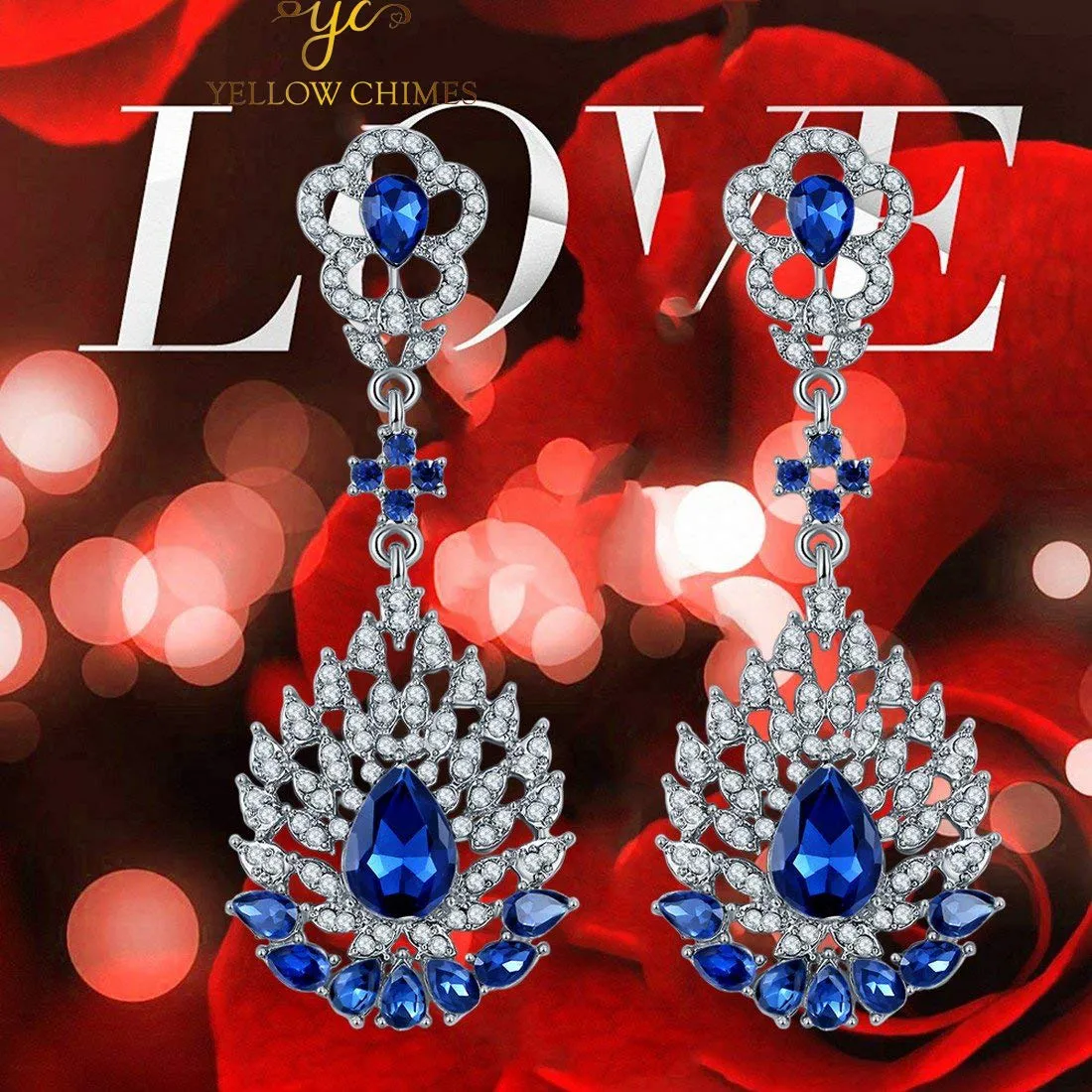 Yellow Chimes Blue Silver Plated Base Metal Crystal Elements Fresh-Arrival Stunning Floral Design Drop Earrings For Women