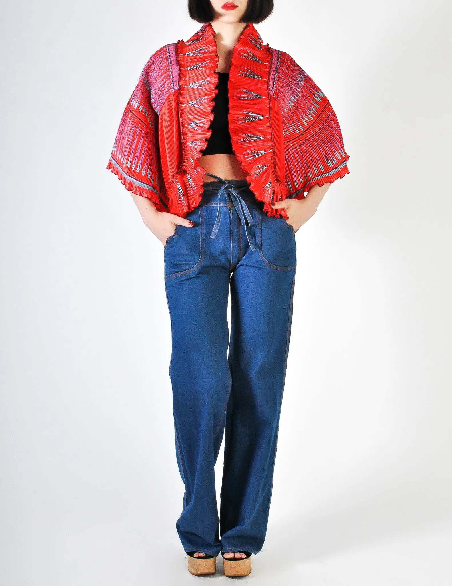 Zandra Rhodes Vintage Red Hand Painted Pleated Jacket